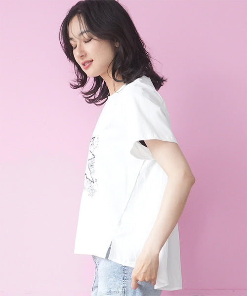 イラスト風刺繍異素材切替半袖Tシャツカットソー 06-3209