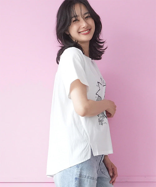 イラスト風刺繍異素材切替半袖Tシャツカットソー 06-3209