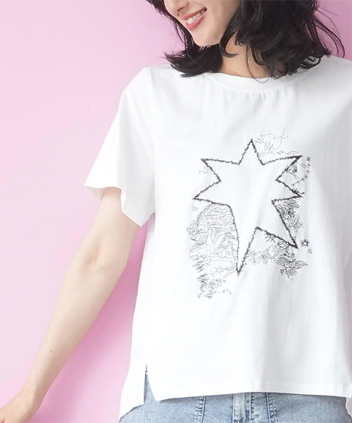 イラスト風刺繍異素材切替半袖Tシャツカットソー 06-3209