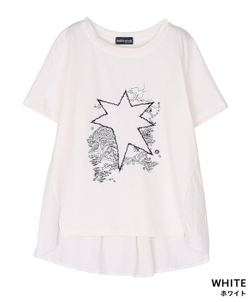 イラスト風刺繍異素材切替半袖Tシャツカットソー 06-3209