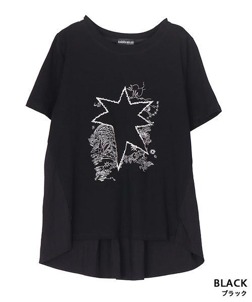 イラスト風刺繍異素材切替半袖Tシャツカットソー 06-3209