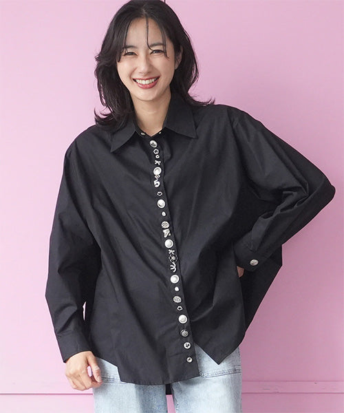 ブラック 長袖ボタン付きシャツ 綿100％飾りボタン付き長袖シャツブラウス 06-3212｜40代 50代 60代