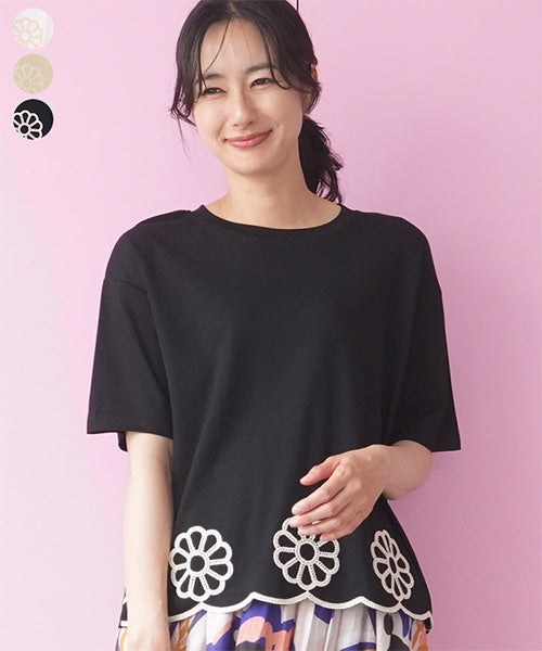 裾スカラップ花刺繍半袖Tシャツカットソー 06-3225
