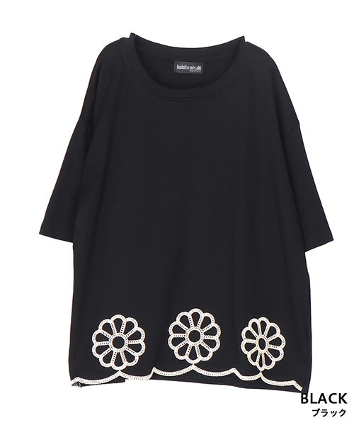 裾スカラップ花刺繍半袖Tシャツカットソー 06-3225｜40代 50代 60代