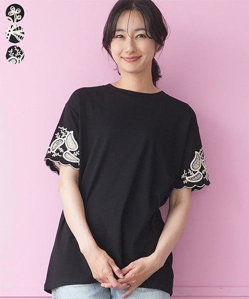 袖口オリエンタル刺繍半袖Tシャツカットソー 06-3226｜40代 50代 60代