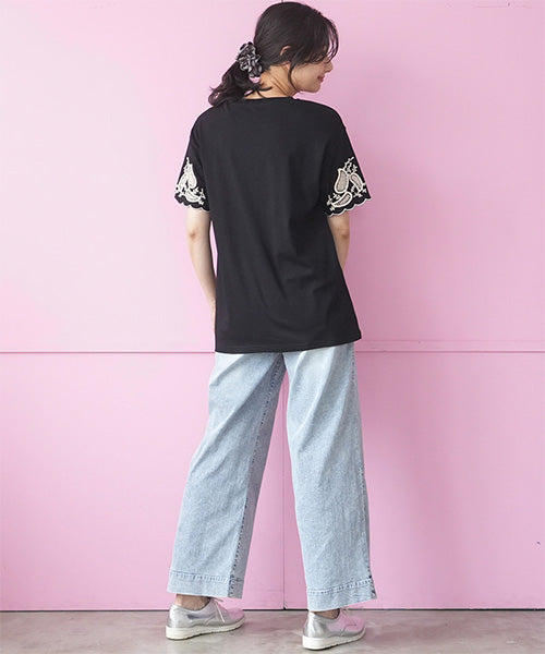 袖口オリエンタル刺繍半袖Tシャツカットソー 06-3226