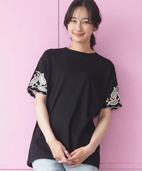 袖口オリエンタル刺繍半袖Tシャツカットソー 06-3226
