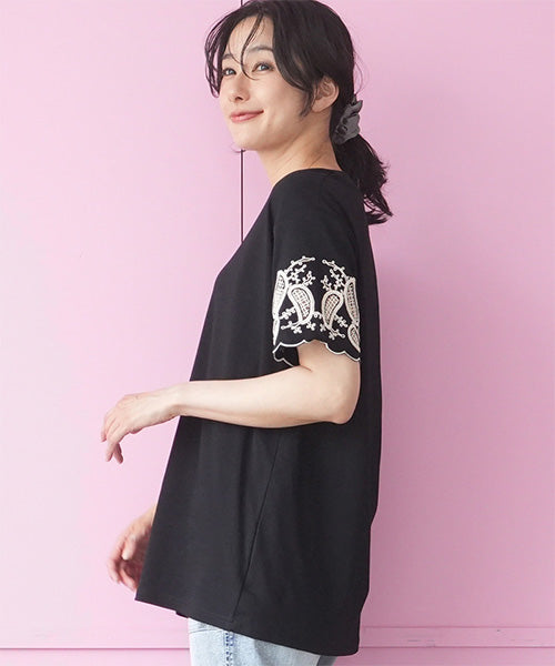 袖口オリエンタル刺繍半袖Tシャツカットソー 06-3226