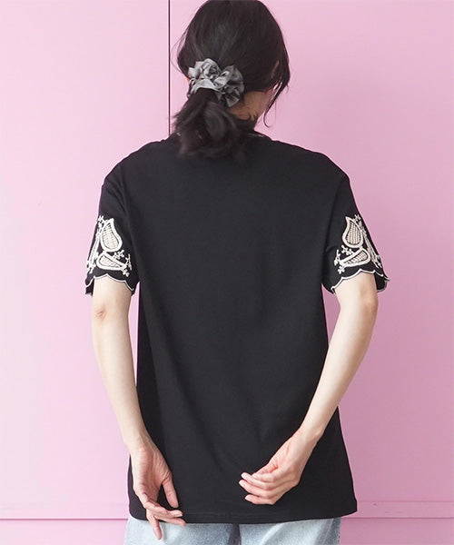 袖口オリエンタル刺繍半袖Tシャツカットソー 06-3226