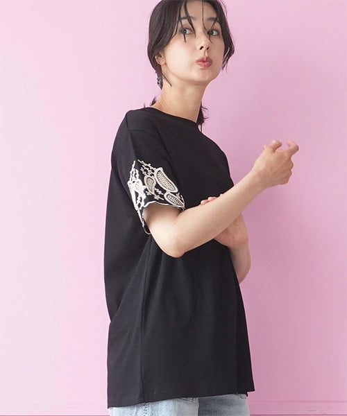 袖口オリエンタル刺繍半袖Tシャツカットソー 06-3226