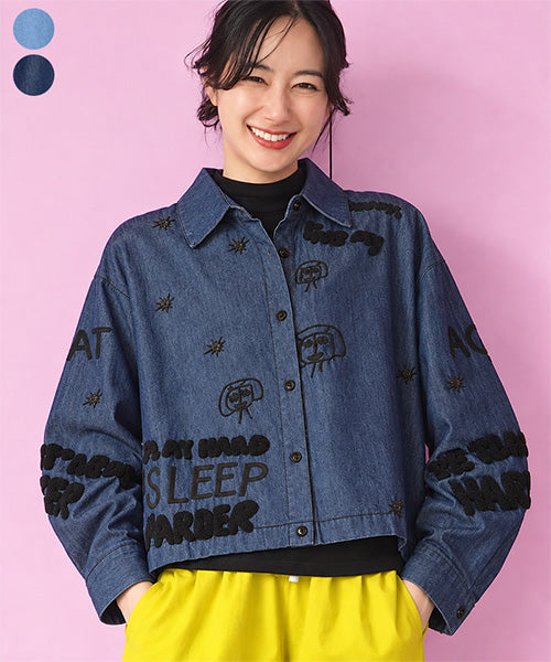 綿100％英字・イラスト刺繍裾スピンドル長袖ワイドデニムシャツブラウス 06-3265