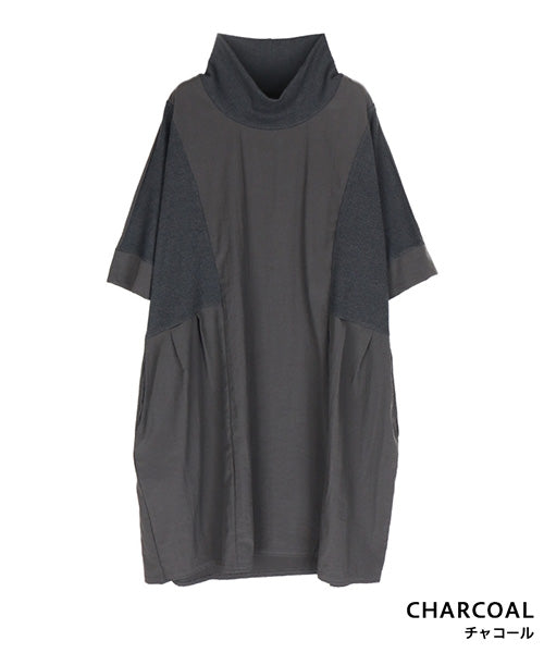 5分袖オフタートルリブ切替コクーンチュニック｜40代 50代 60代