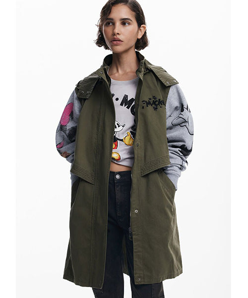 【希少】Desigual 刺繍入りダークグリーンジャケット 着物風　カーキ　L Desigual ディズニーフード付きジャケット 25SWEW38｜40代 50代 60代