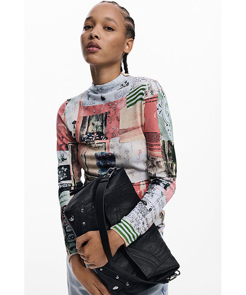 【新品】Desigual エコレザー 異素材切替ブルゾン XLサイズ 刺繍入りミディアムサイズのレザー風バッグ Desigual 25WAXPAA｜40代