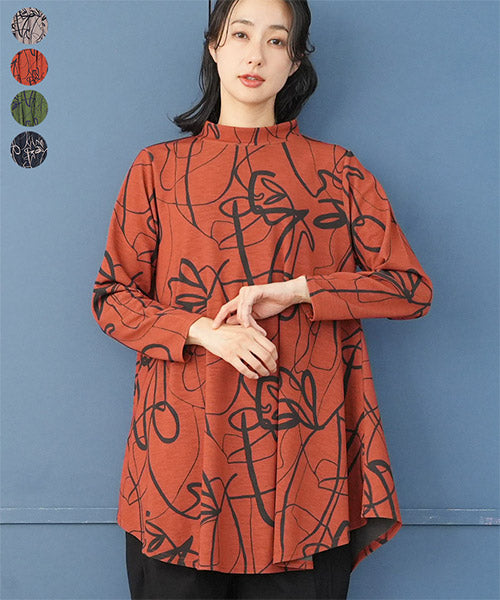 アートラインプリントモックネック長袖Aラインチュニック 26-0114