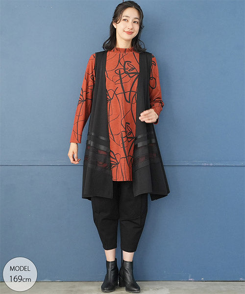 アートラインプリントモックネック長袖Aラインチュニック 26-0114｜40