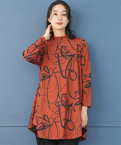 アートラインプリントモックネック長袖Aラインチュニック 26-0114