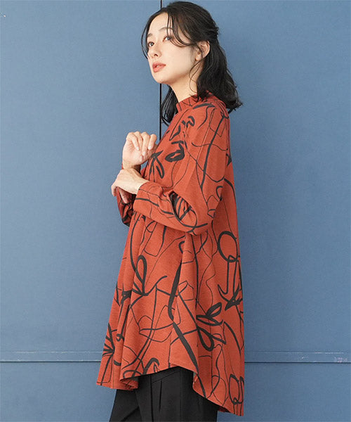 アートラインプリントモックネック長袖Aラインチュニック 26-0114