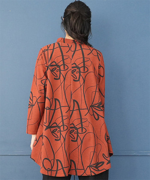 アートラインプリントモックネック長袖Aラインチュニック 26-0114