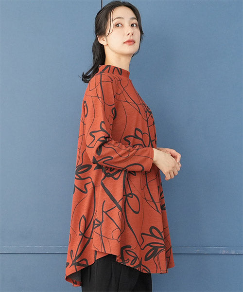 アートラインプリントモックネック長袖Aラインチュニック 26-0114