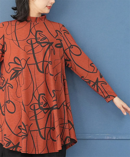 アートラインプリントモックネック長袖Aラインチュニック 26-0114