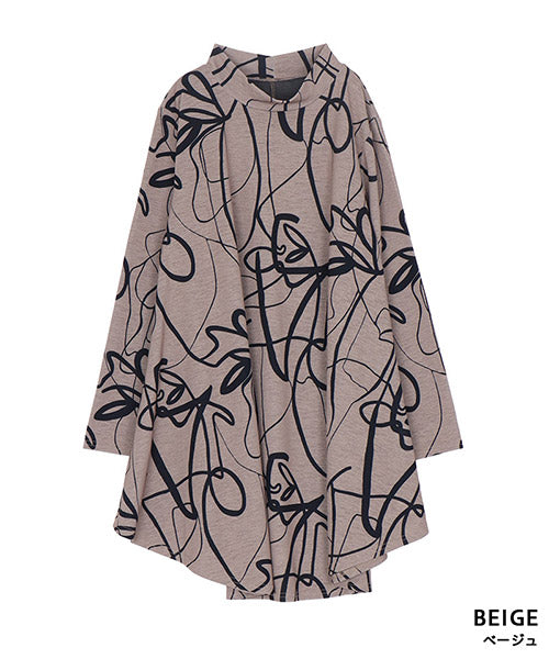 アートラインプリントモックネック長袖Aラインチュニック 26-0114