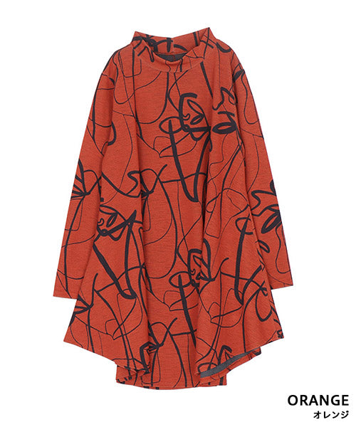 アートラインプリントモックネック長袖Aラインチュニック 26-0114