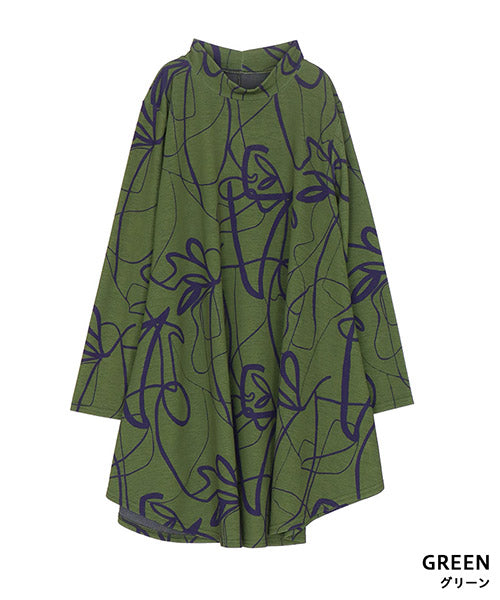 アートラインプリントモックネック長袖Aラインチュニック 26-0114