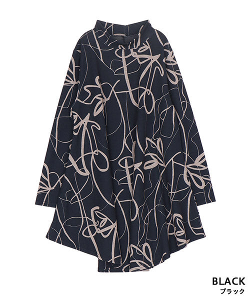 アートラインプリントモックネック長袖Aラインチュニック 26-0114