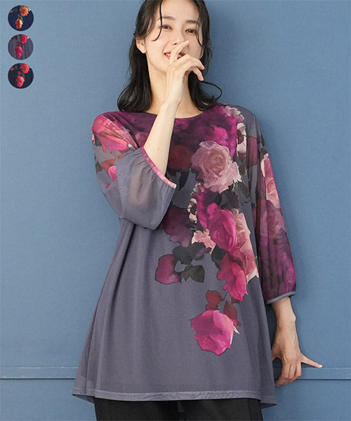 シアーパワーネット素材花柄袖口ギャザーAラインチュニック 26-0118