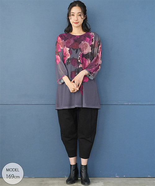 シアーパワーネット素材花柄袖口ギャザーAラインチュニック 26-0118