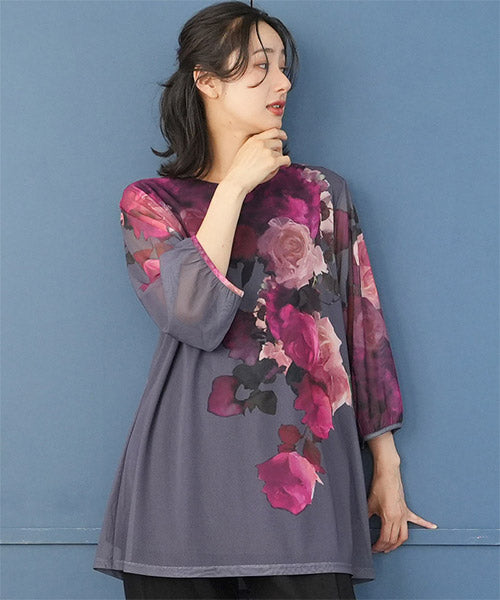 シアーパワーネット素材花柄袖口ギャザーAラインチュニック 26-0118