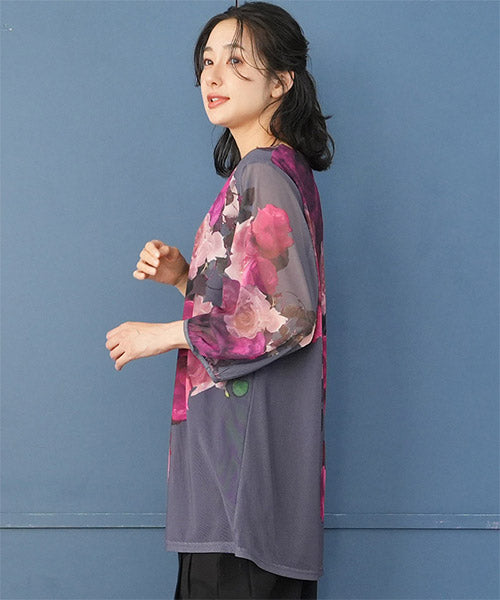 シアーパワーネット素材花柄袖口ギャザーAラインチュニック 26-0118