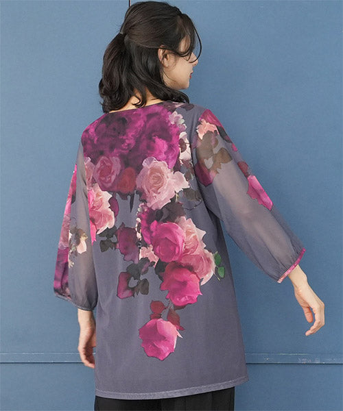 シアーパワーネット素材花柄袖口ギャザーAラインチュニック 26-0118