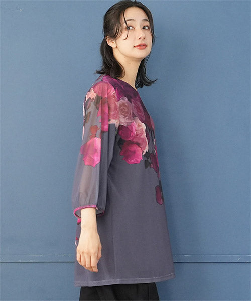 シアーパワーネット素材花柄袖口ギャザーAラインチュニック 26-0118