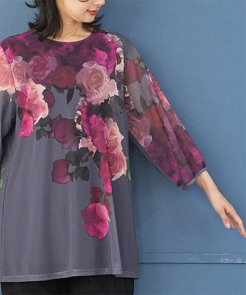 シアーパワーネット素材花柄袖口ギャザーAラインチュニック 26-0118