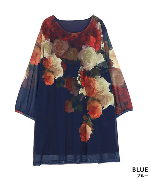 シアーパワーネット素材花柄袖口ギャザーAラインチュニック 26-0118