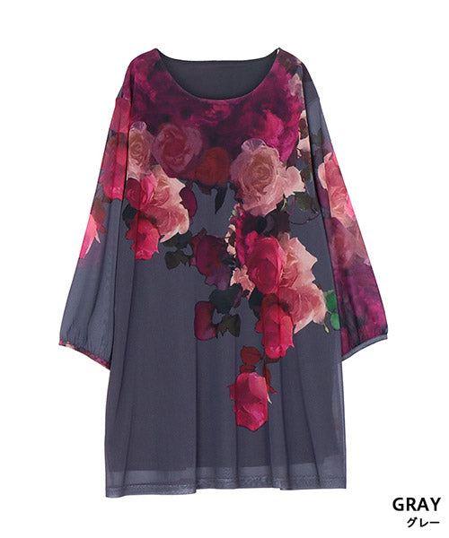 シアーパワーネット素材花柄袖口ギャザーAラインチュニック 26-0118