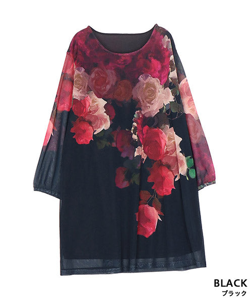 シアーパワーネット素材花柄袖口ギャザーAラインチュニック 26-0118