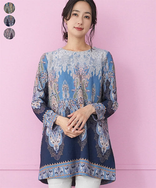 東京スタイル☆　Partenaire　☆ペイズリー柄チュニックOre◎大きいサイズ11 エスニックペイズリー柄長袖Aラインチュニック 26-0120