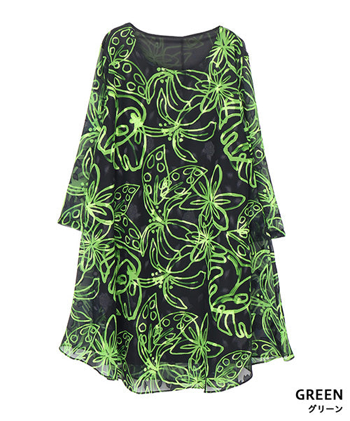 シアー素材フラワープリントオパール加工チュニック 26-0143｜40代 50