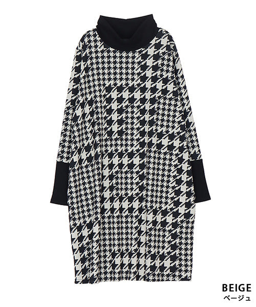 entwa 千鳥格子 ロングシャツ 長袖 千鳥格子柄リブ切替長袖チュニック 26-0144｜40代 50代 60代 大人の