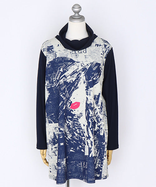 グラフィックアートプリントリブ切替長袖チュニック 26-0146