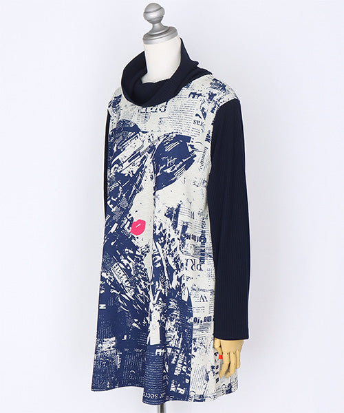 グラフィックアートプリントリブ切替長袖チュニック 26-0146