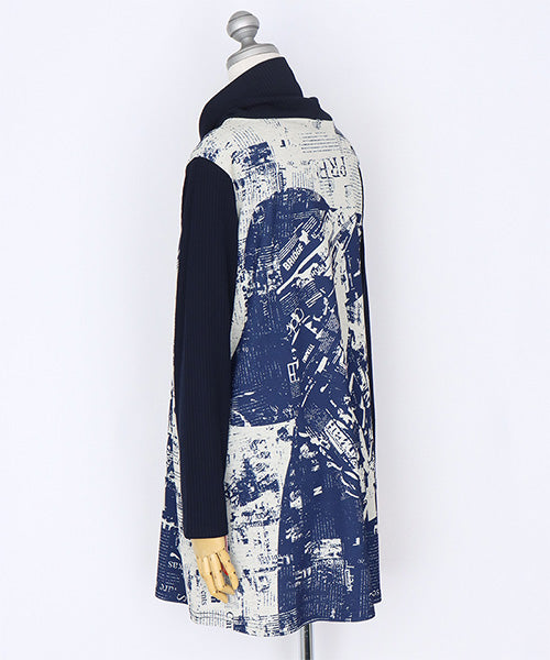 グラフィックアートプリントリブ切替長袖チュニック 26-0146