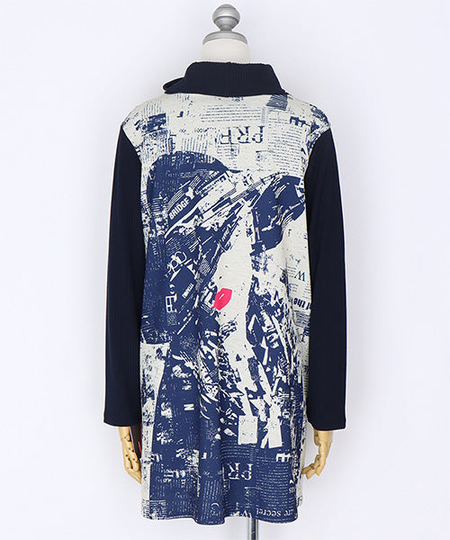 グラフィックアートプリントリブ切替長袖チュニック 26-0146
