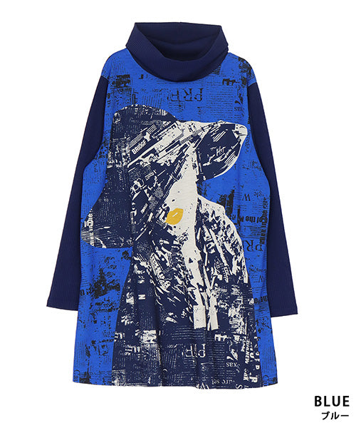 グラフィックアートプリントリブ切替長袖チュニック 26-0146