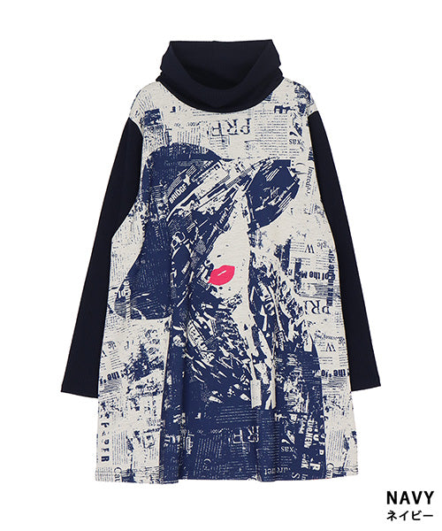 グラフィックアートプリントリブ切替長袖チュニック 26-0146