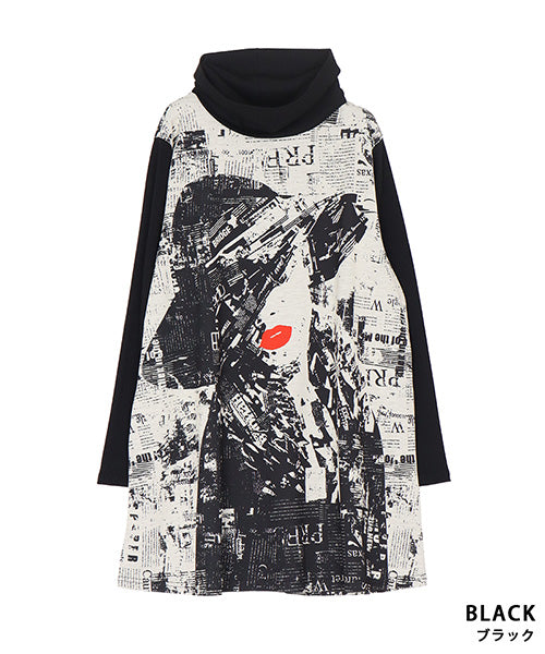 グラフィックアートプリントリブ切替長袖チュニック 26-0146