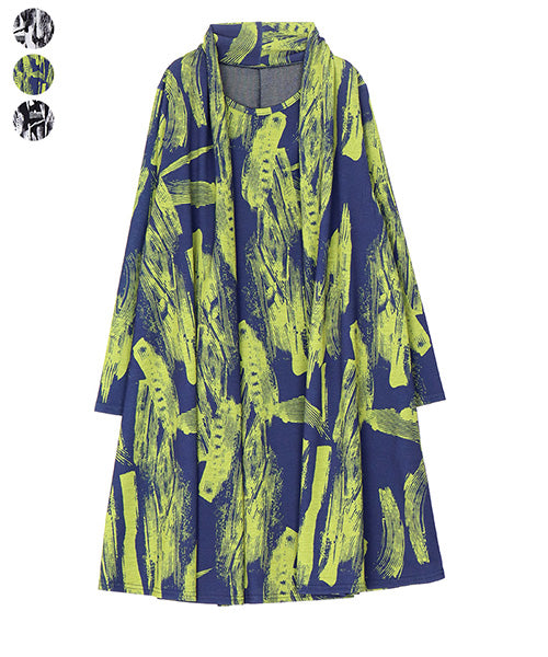 アートプリントストール風デザインAラインロングチュニック 26-0147